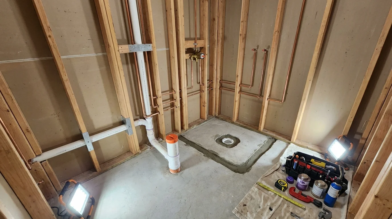 Bathroom rough-in plumbing during remodel by Johns Plumbing LLC in Neosho