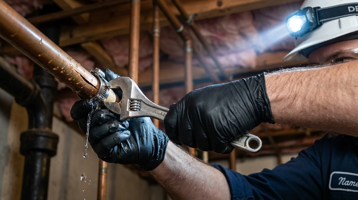 Emergency pipe clamp repair being performed by a Johns Plumbing LLC plumber in Neosho
