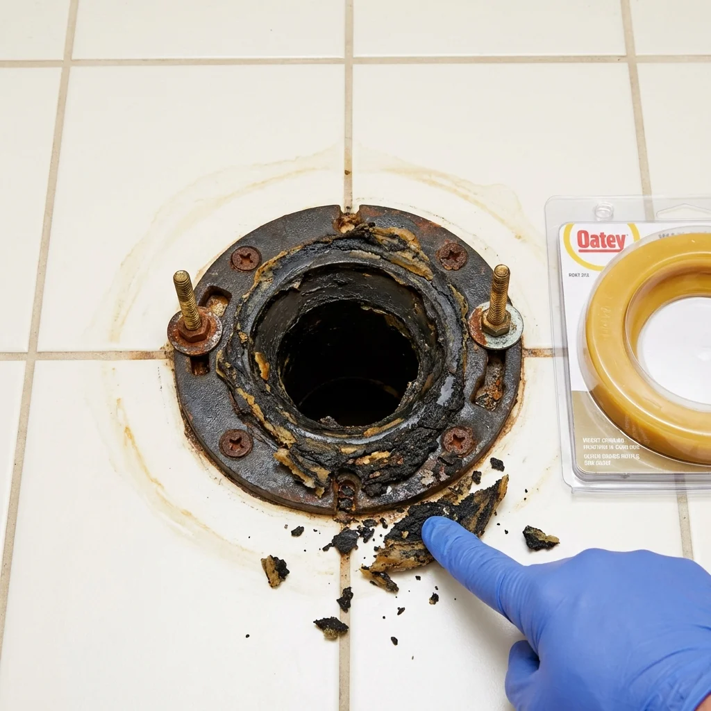 Failed wax ring showing water seepage at the base of a toilet in a Neosho, MO home